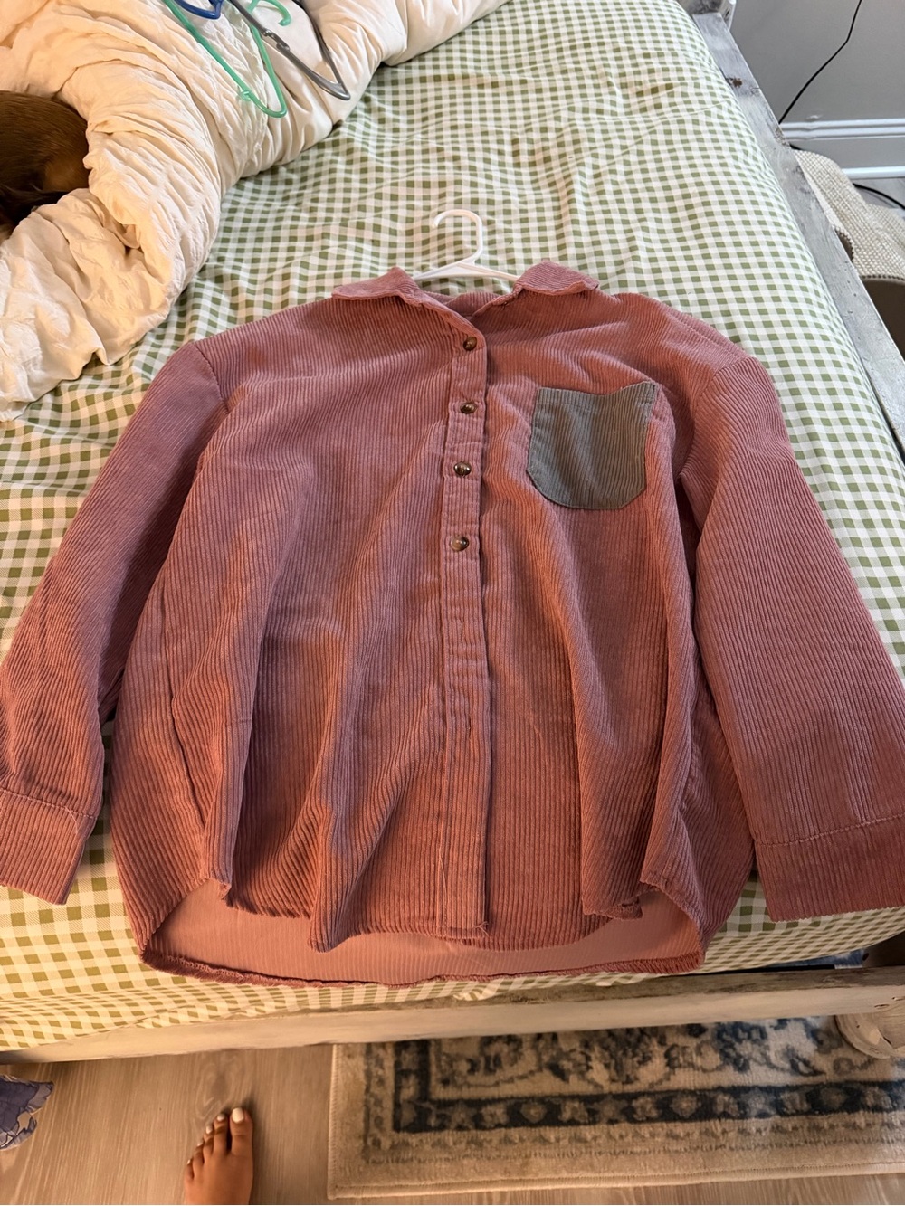 Mauve Corduroy Button-Up Shirt with Contrast Pocket